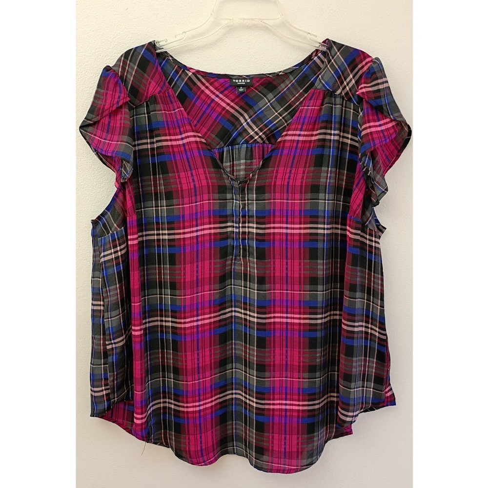 Torrid Harper Blouse Pink Plaid Flutter Sleeve V-Neck Georgette Top 2X Preppy - Picture 1 of 7